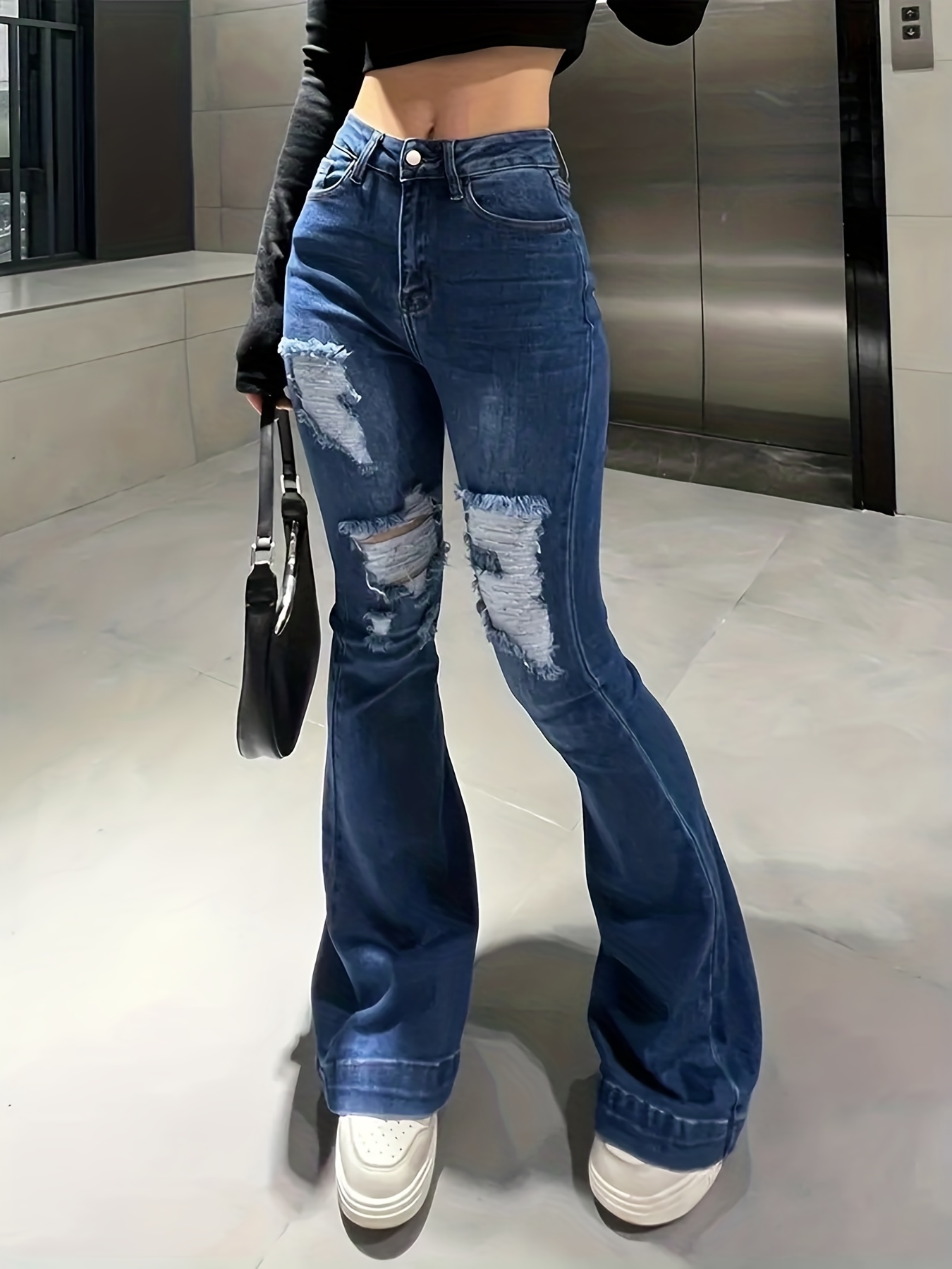 Blue Ripped Holes Flare Jeans, Distressed *-Stretch Slant Pockets Bell  Bottom Jeans, Women's Denim Jeans & Clothing