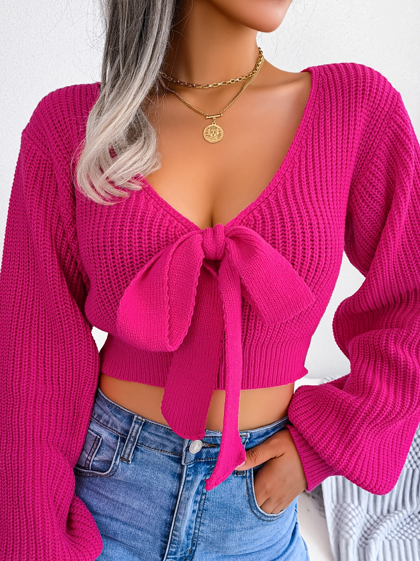 REORIAFEE Outfits for Women Summer Festival Outfits Women's Autumn Winter  Round Neck Sexy Cropped Sweater Skirt Knit Set Pink L 