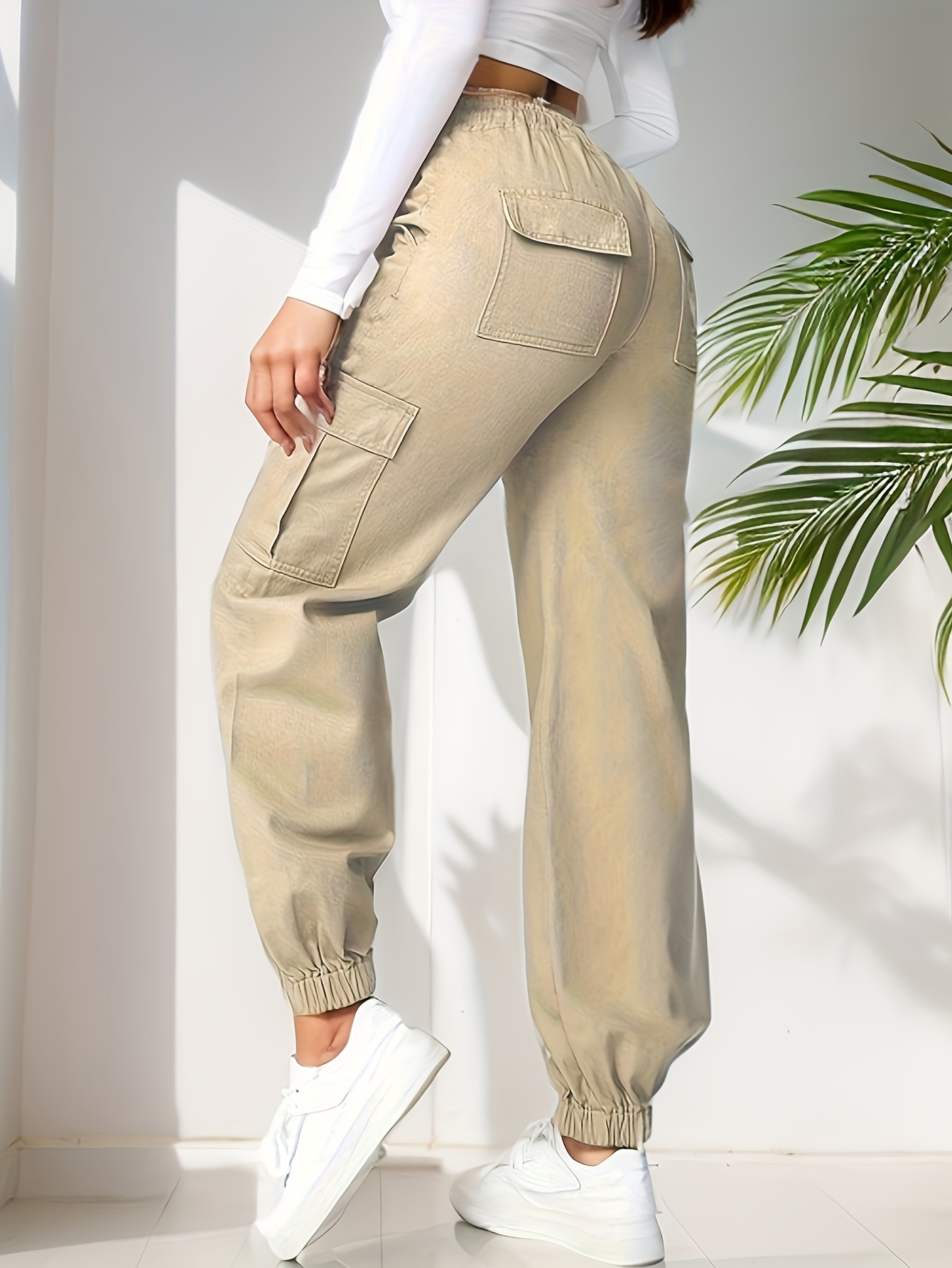 Plain Elastic Waist Cargo Pants, Loose Fit Drawstring Casual Parachute  Pants, Women's Denim Jeans & Clothing