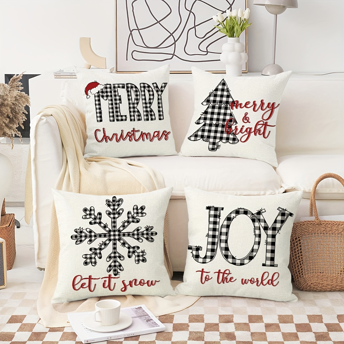Christmas Pillow Covers - Set of 4 Throw Pillow Covers, 18 x 18 Inches  Pillow Cover, Red Plaid Throw Pillow Covers, Decorative Pillows Sofa for Couch  Christmas Decorations, Red and Black 