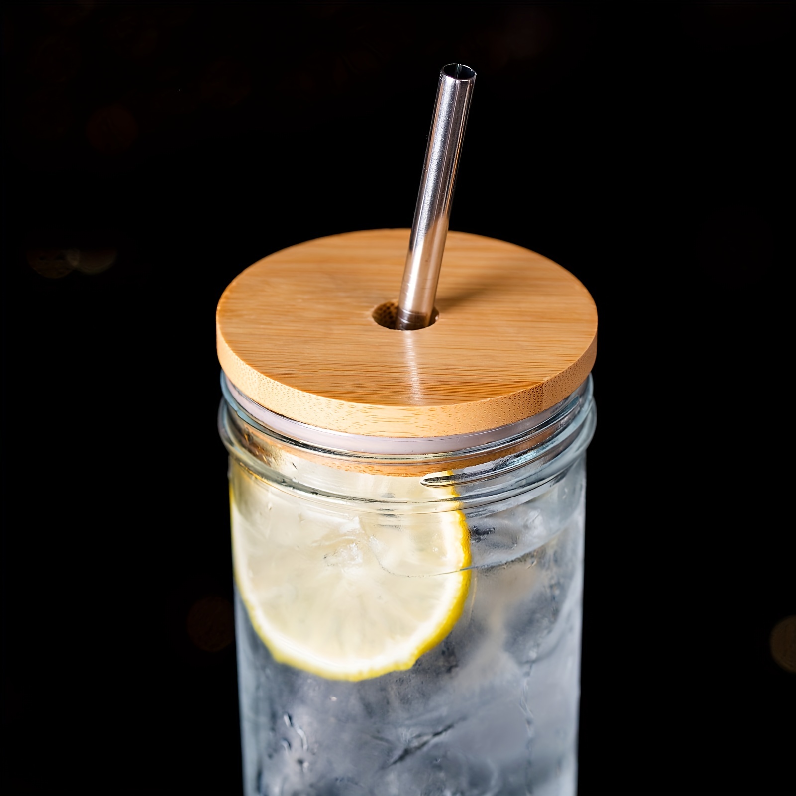 Clear Glass Tumblers With Bamboo Lids And Stainless Steel Straws