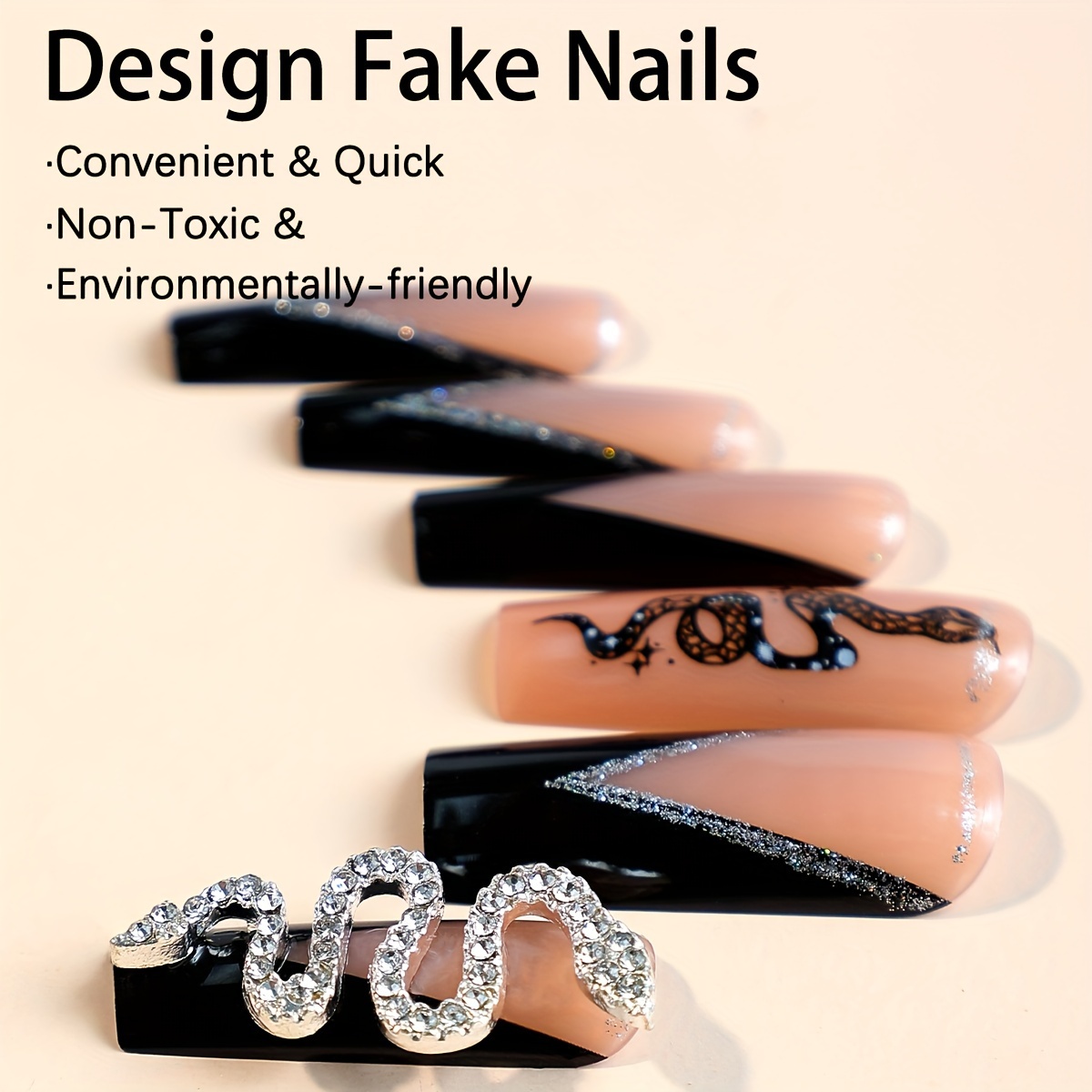 Glossy Long Square Fake Nails Black French Tip Press On - Temu