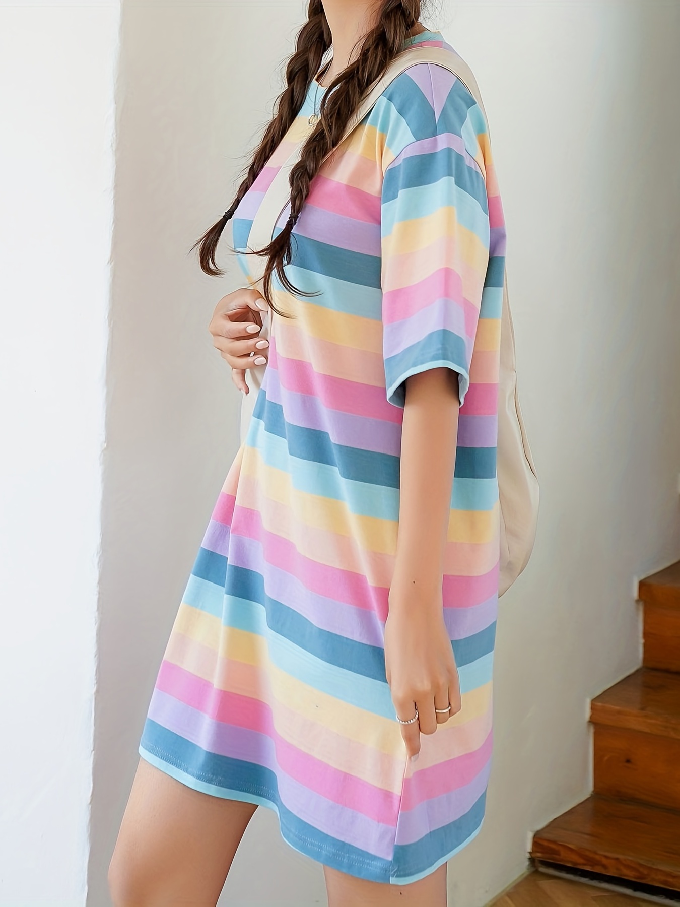 Colorful Stripe Print Tunics, Casual Crew Neck Short Sleeve Tunic Tops,  Women's Clothing