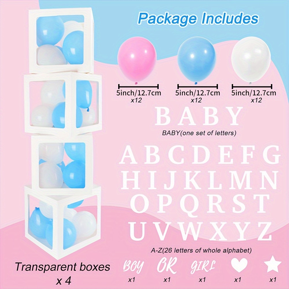 Cajas de globos para baby shower, cajas de bebé con 27 letras, 4 bloques  transparentes para baby shower, revelación de género, boda, decoración de