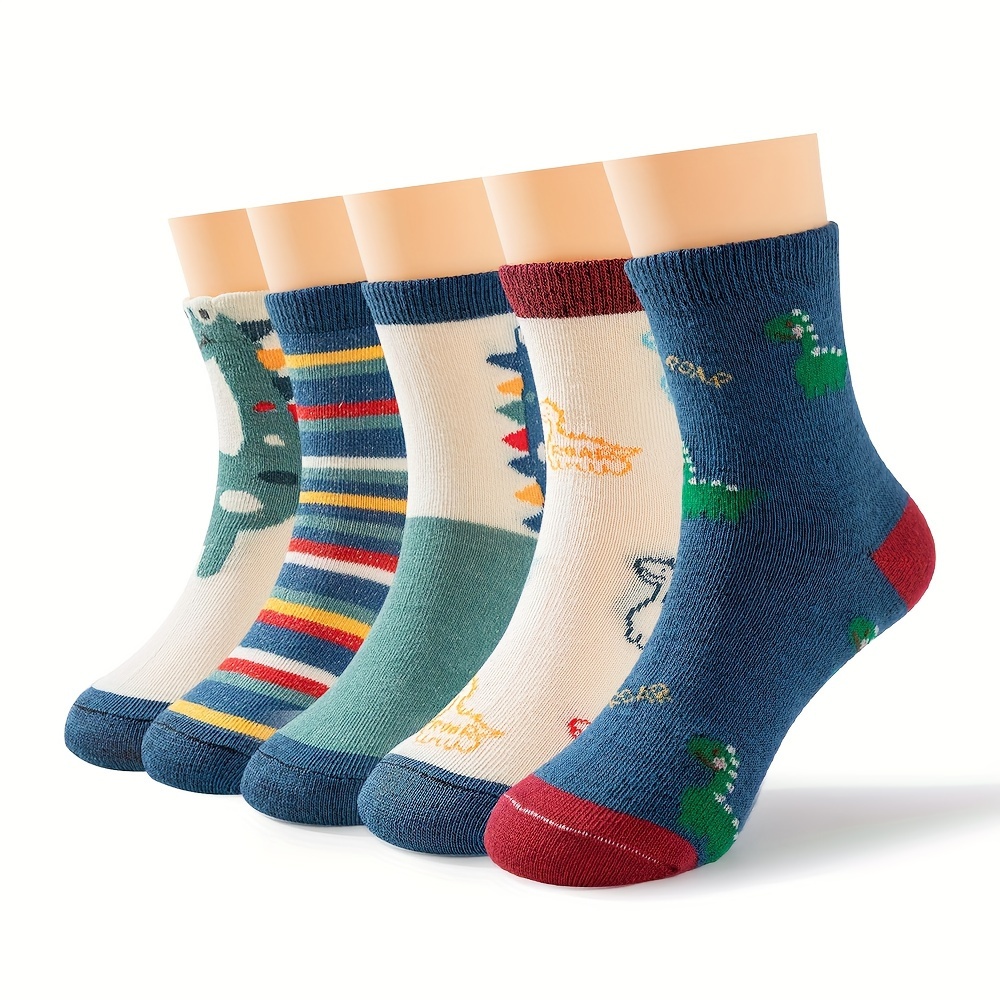 5 Pairs Of Cartoon Dinosaur Socks, 5 Pairs Of Boys' Casual Fashion Knitted Breathable Sailor Socks, Print Socks, Socks