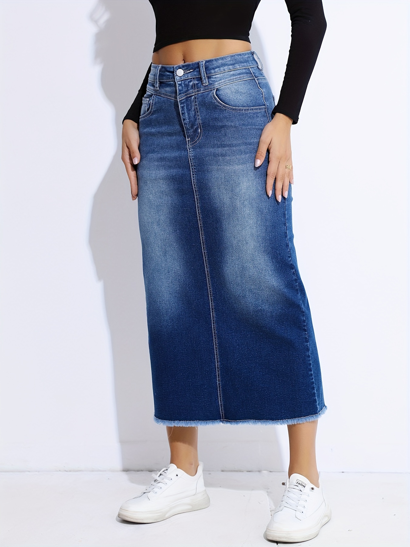 Blue Hem Denim Skirt High stretch Slant Pockets Split - Temu