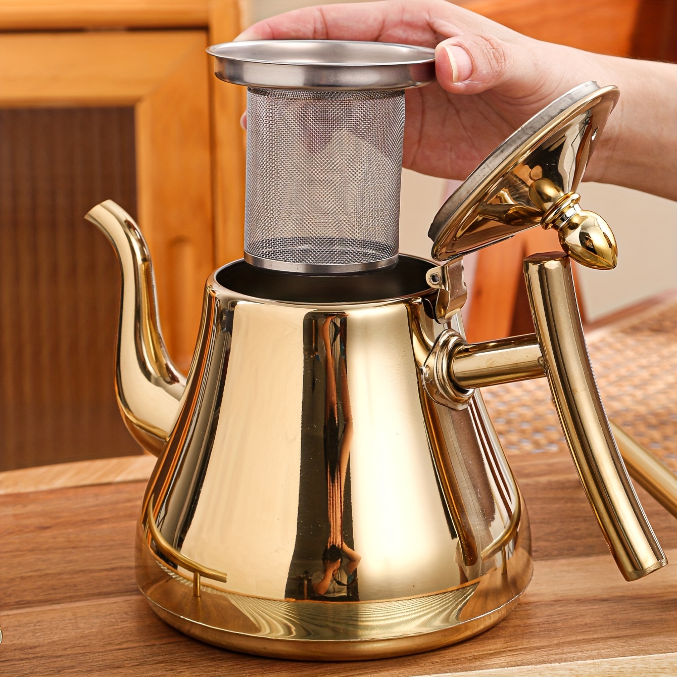 1L/1.5L Stainless Steel Water Kettle TeaPot Thicker With Filter Hotel Tea  Pot Coffee Pot Induction Cooker Tea Kettle Gold Silver (1L gold)