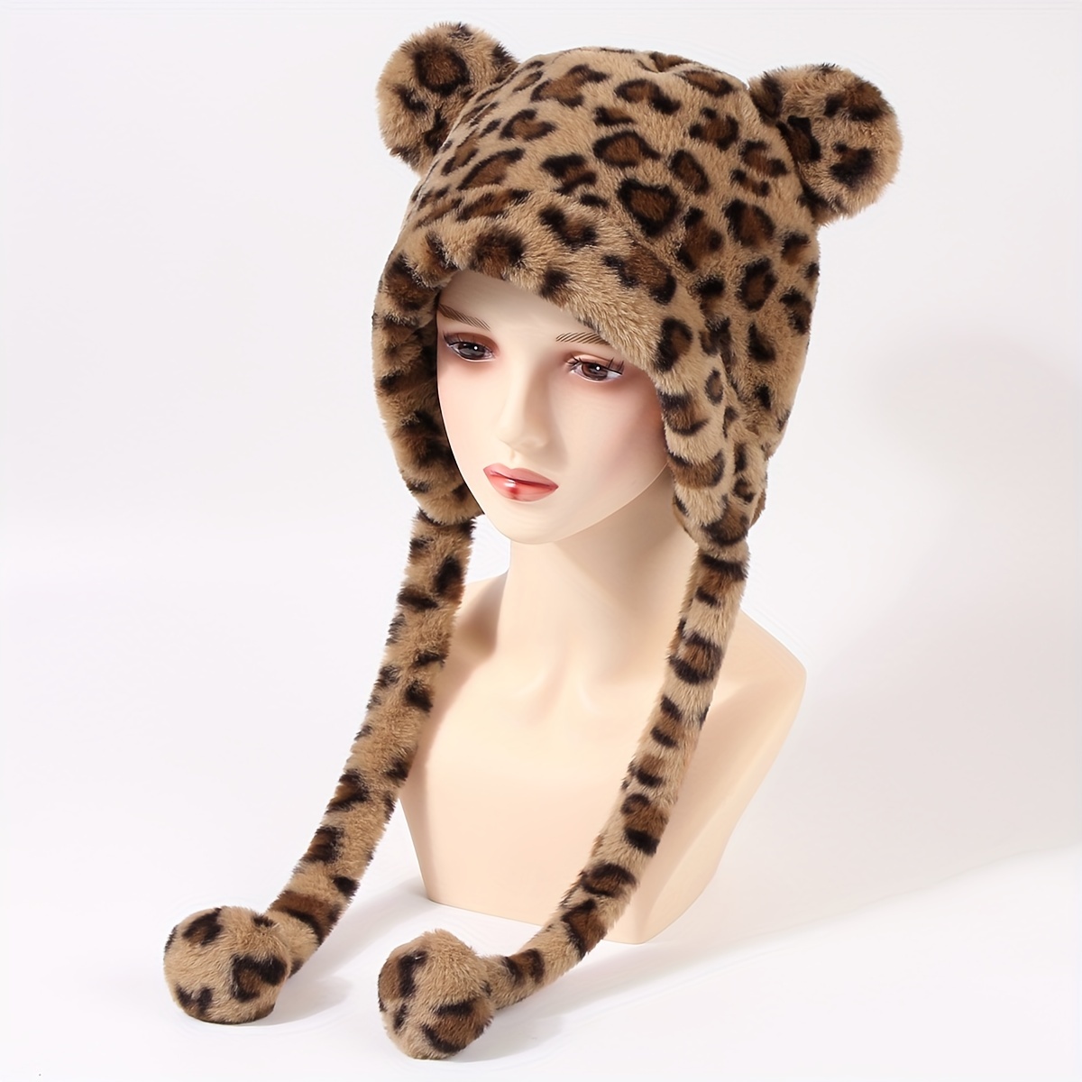 Khaki Leopard Print Beanie Trendy Bear Ear Flap Hat Cute Cartoon Plush Hats  Halloween Costume Accessories Animal Hat For Women Girls