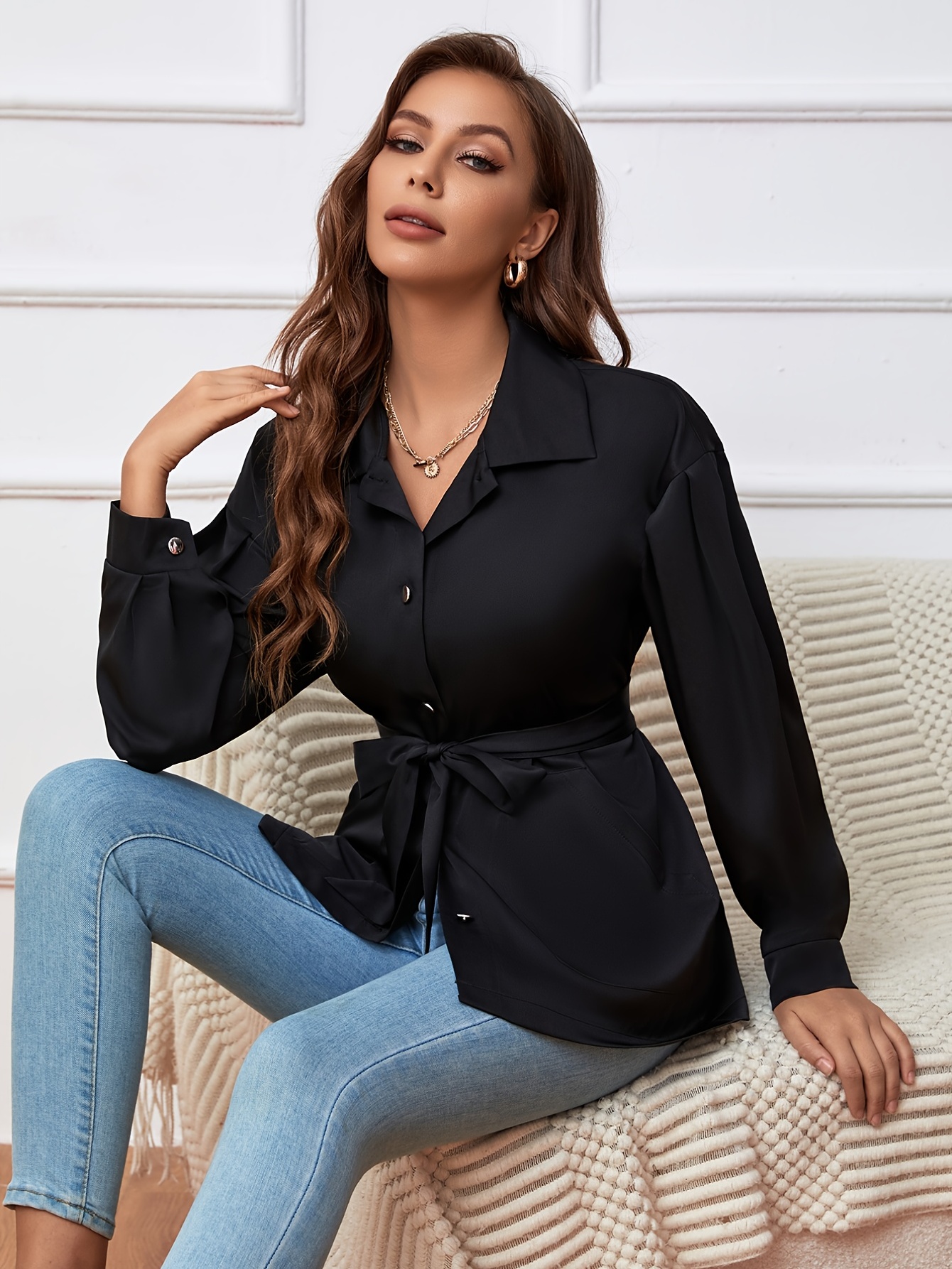 Loose-Fit Button Down Blouse, Flowing V-Neck Collared Shirt, Casual Tops,  Women's Clothing