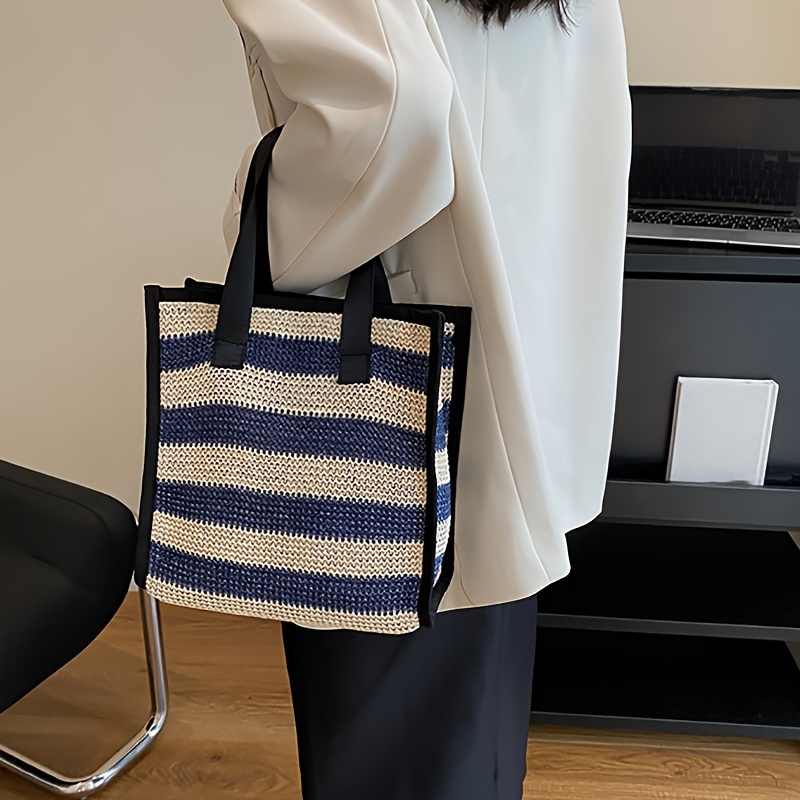 Trendy Striped Woven Tote Bag, Casual Portable Square Handbag