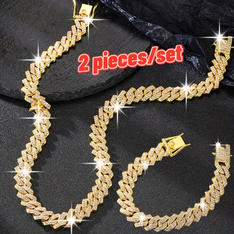 

1pc/2pcs/set Necklace+bracelet Luxury Set Domineering Y2k Rhinestone Cuban Lozenge Link Chain Necklace, Hip Hop Miami Unisex Necklace, Rapper Necklace Jewelry, Trendy Accessories