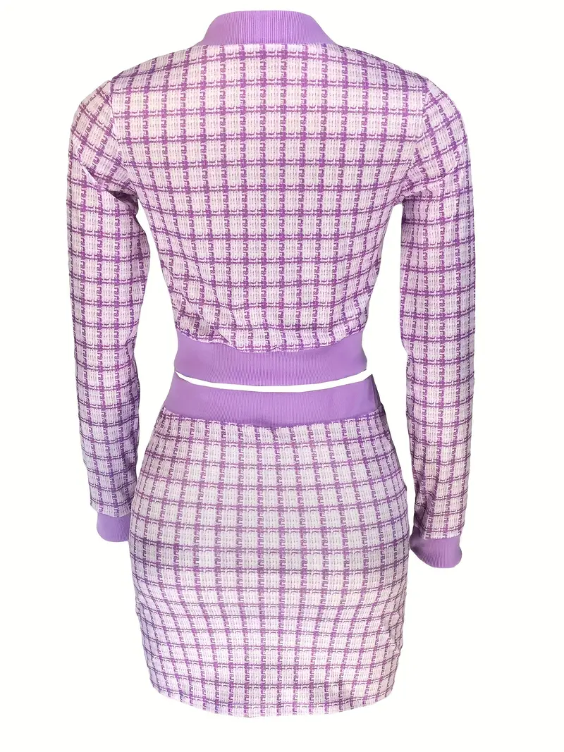 elegant plaid matching two piece set crop zip up jacket bodycon skirt outfits womens clothing details 40