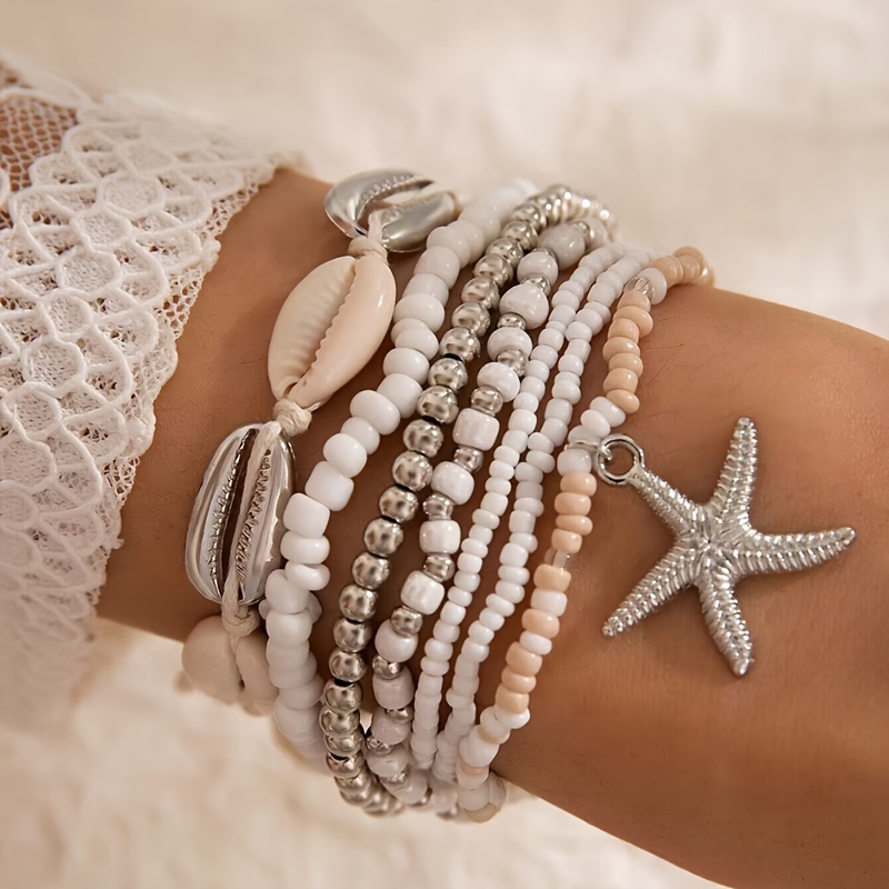 

7 Pcs Set Of Delicate Bracelet With Shell Starfish Design Beaded Bracelet Vintage Bohemian Style Suitable For Women Gift