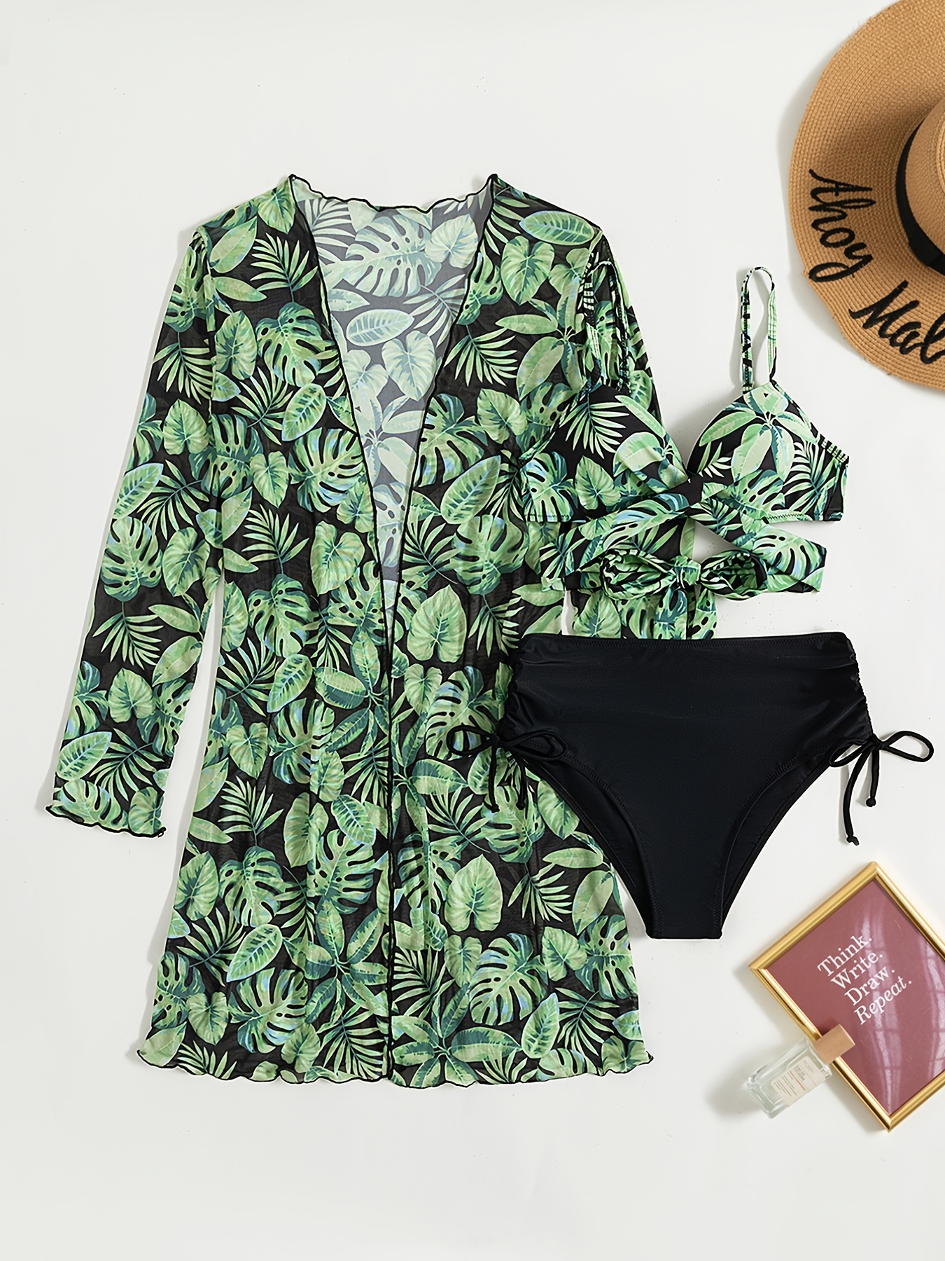 3-piece Leaf Print Criss Cross Bikini Sets, Balck High Cut High Waist  Swimsuit, With Long Sleeve Thigh Length Cover Up Rope, Women's Swimwear 