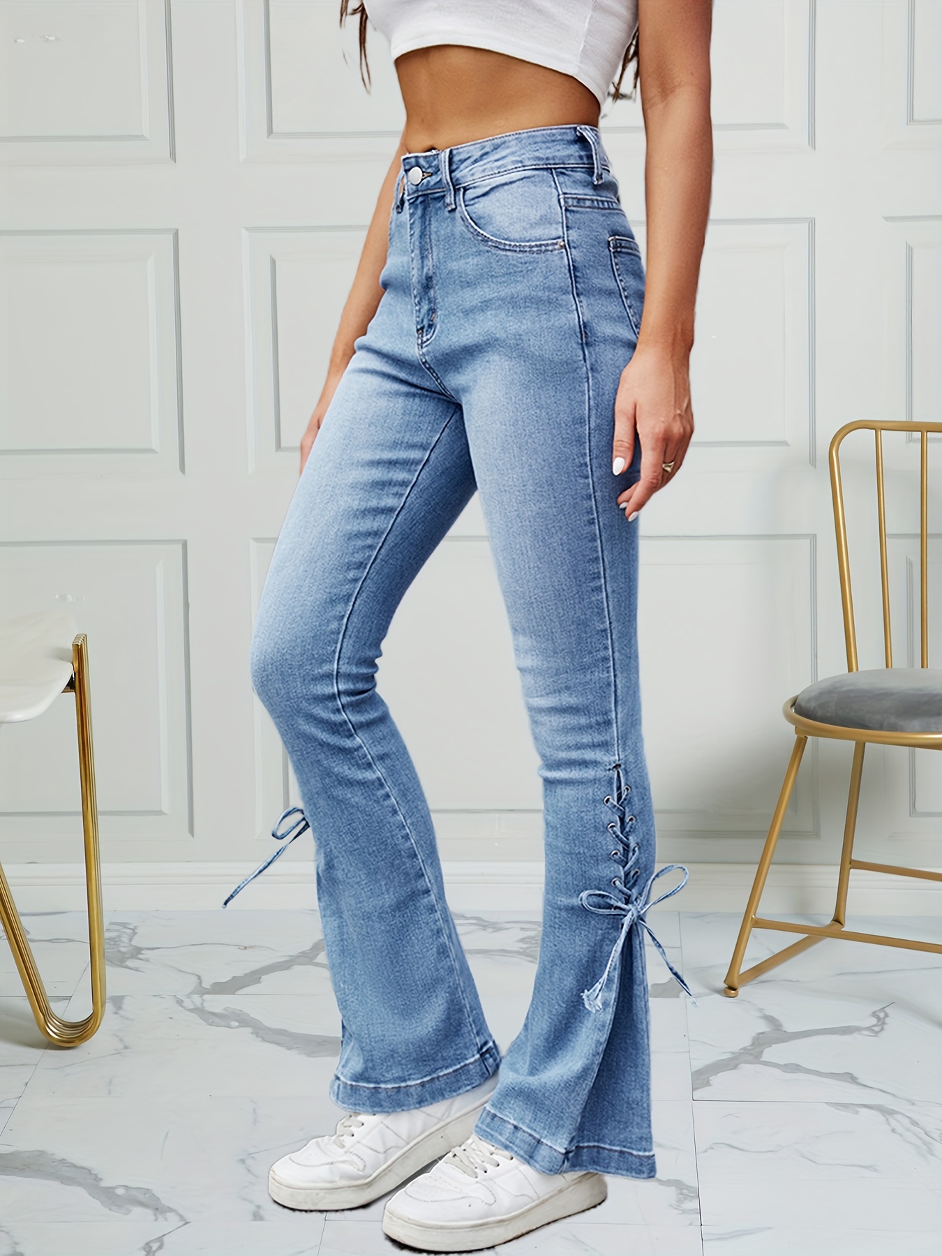 Blue Ripped Holes Flared Jeans, Lace Up Distressed Bell Bottom Casual Denim  Pants, Women's Denim Jeans & Clothing