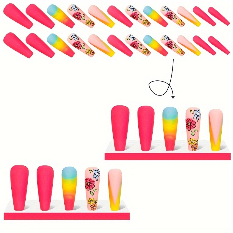 summer press on nails long ballerina rainbow gradient fake nail art cute acrylic nails flower pattern full cover sturdy nail stick on false nail tips for women girls for easter details 2