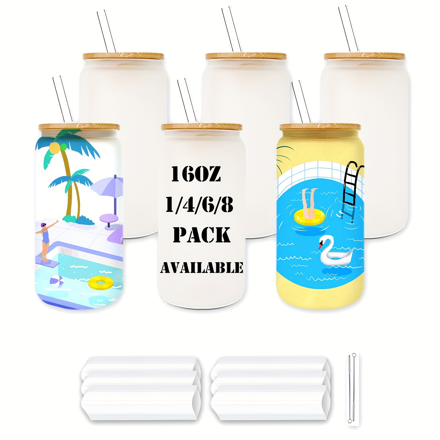 Pack 16oz Sublimation Glass Jar (Clear) | Bulk Blank Cups | Beer Can Glass  | Blank Glass Can | Iced Coffee Glass | Bamboo Lid