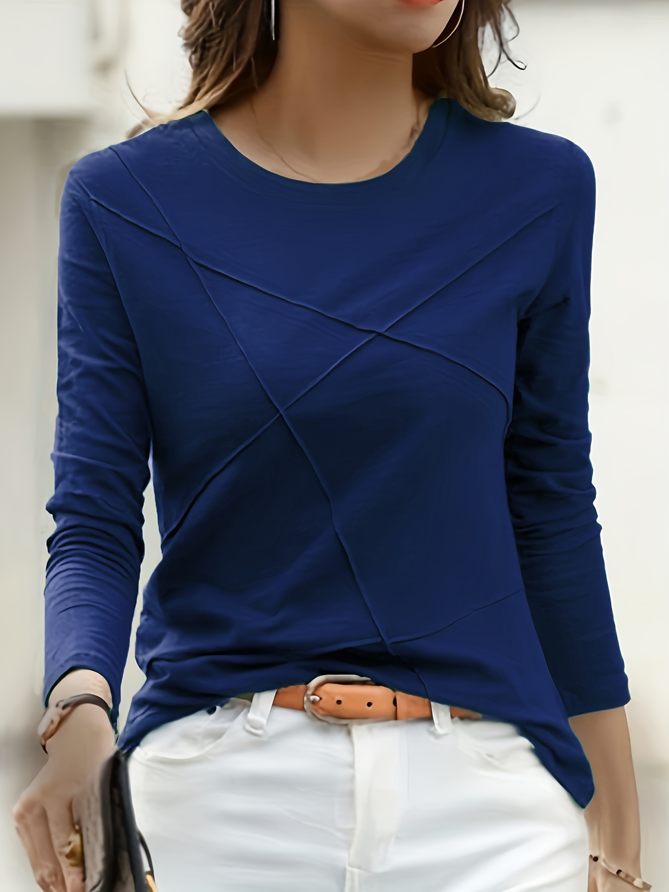 Plain Navy Blue Women Full Sleeves T-shirt