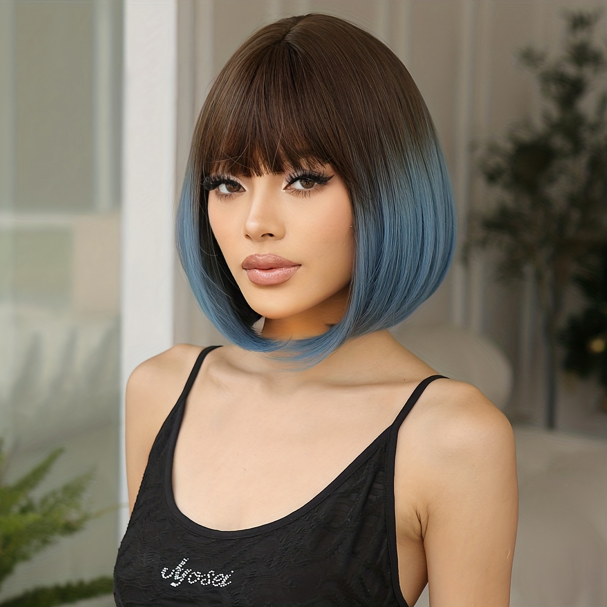 Ombre Bob Wig Bangs Daily Elegant Party Cosplay Style Black Temu