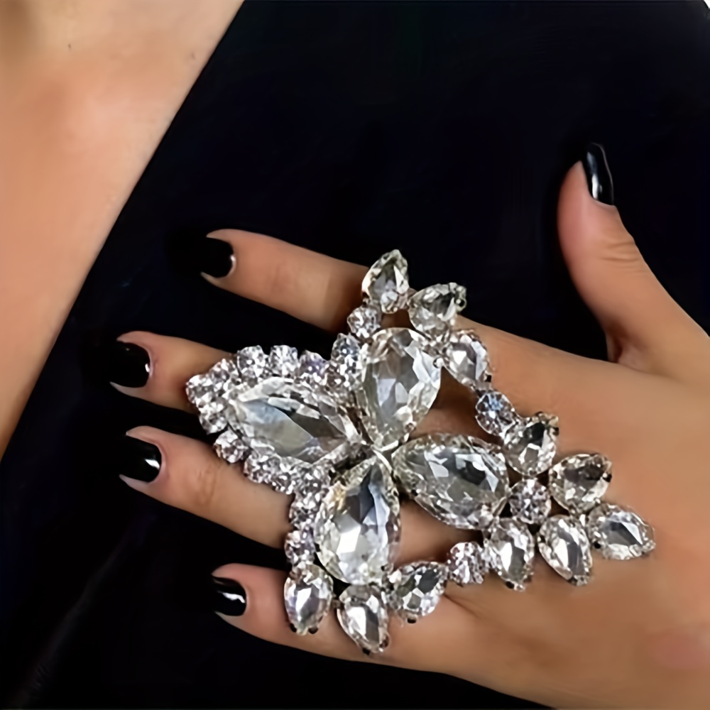 Adjustable Big Rhinestone Statement Finger Ring Luxury Crystal Large Open  Finger Rings Gift Party Clothings Decoration
