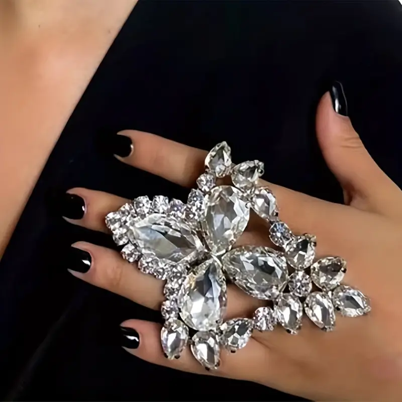 Adjustable Big Rhinestone Statement Finger Ring Luxury Crystal Large Open Finger Rings Gift Party Clothings Decoration,Temu