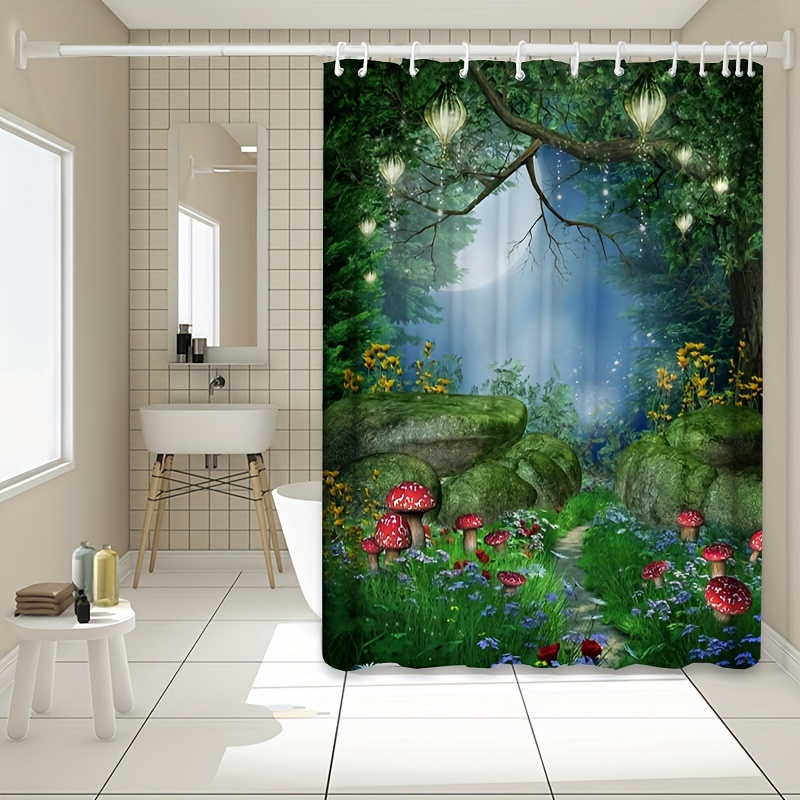 Forest Mushroom Flower Trees Pattern Shower Curtain - Temu