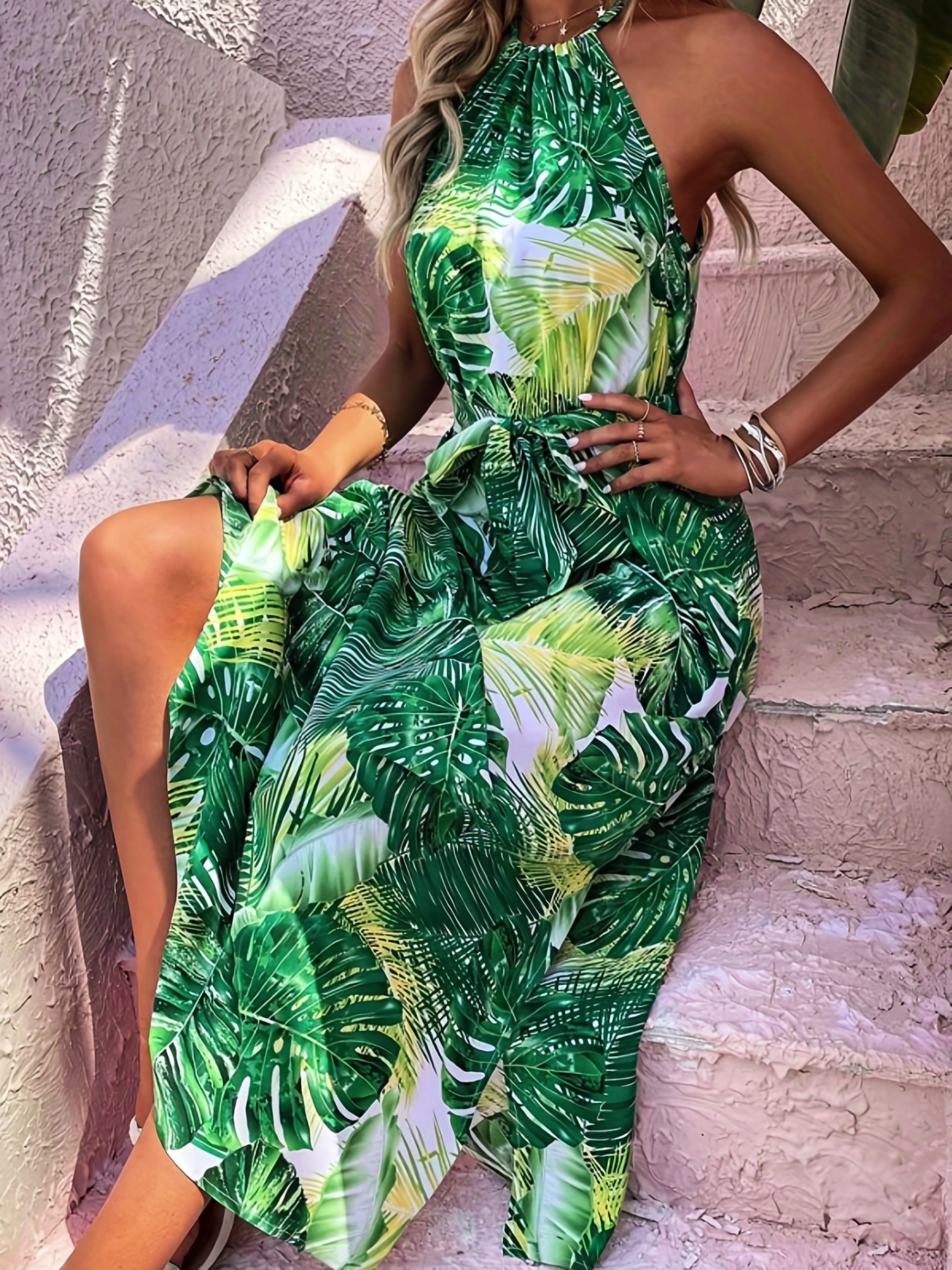 Green Tropical Print Cami Split Maxi Dress | SilkFred US