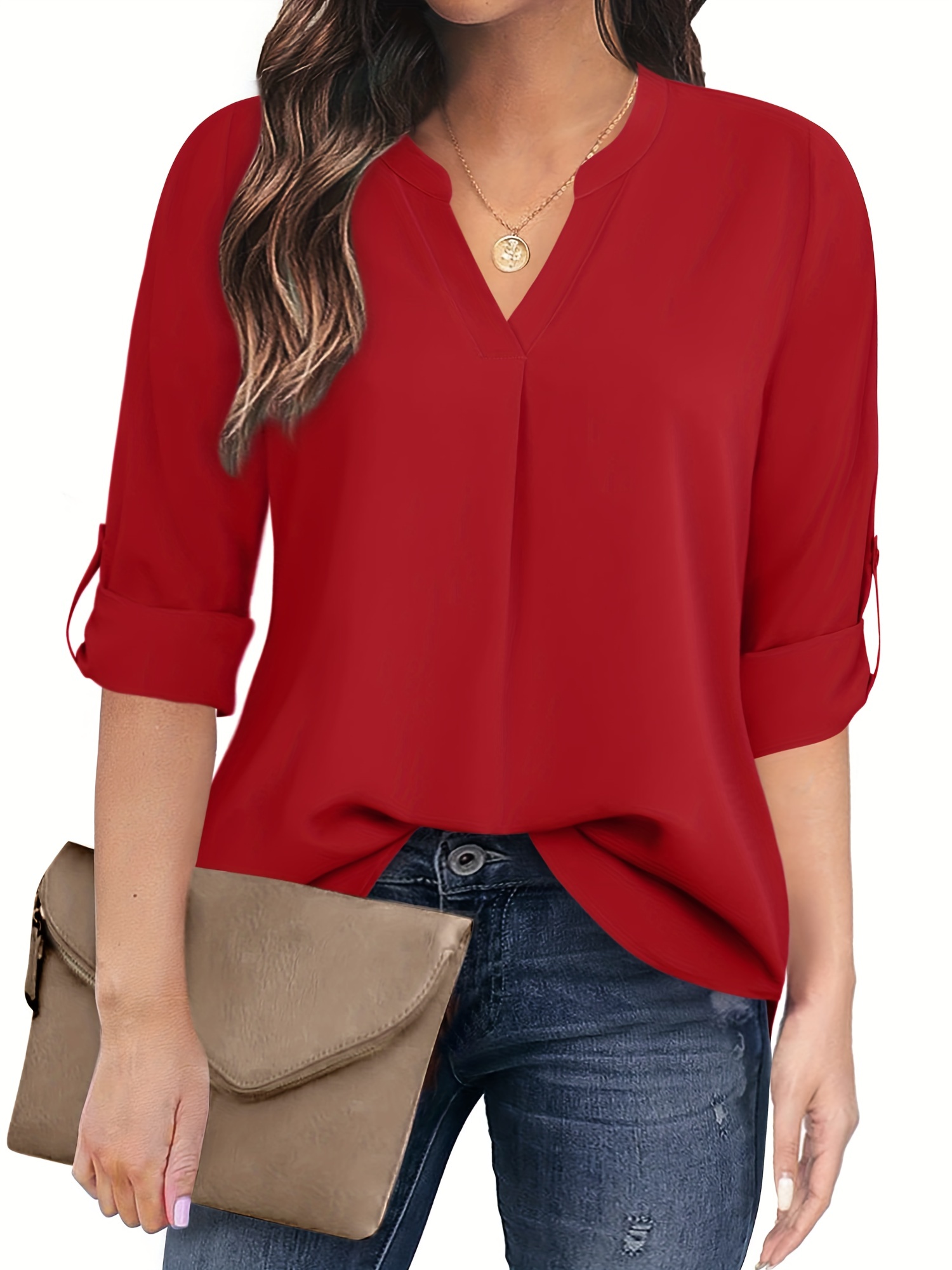 plus size casual t shirt womens plus solid notched neck three quarter sleeve with button decor slight stretch blouse