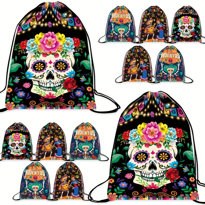 Halloween Skull Gym Swim Drawstring Backpack Bags Portable Storage Bag