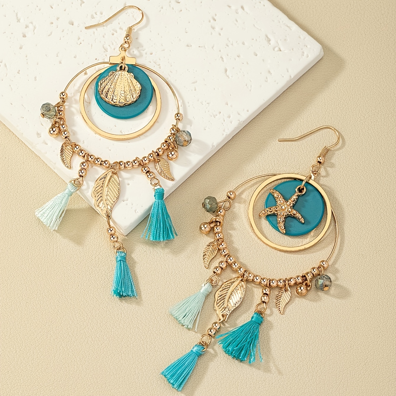 Bohemian Vocation Dangle Earrings with Leaf Tassel Pendant Starfish Shell Decor