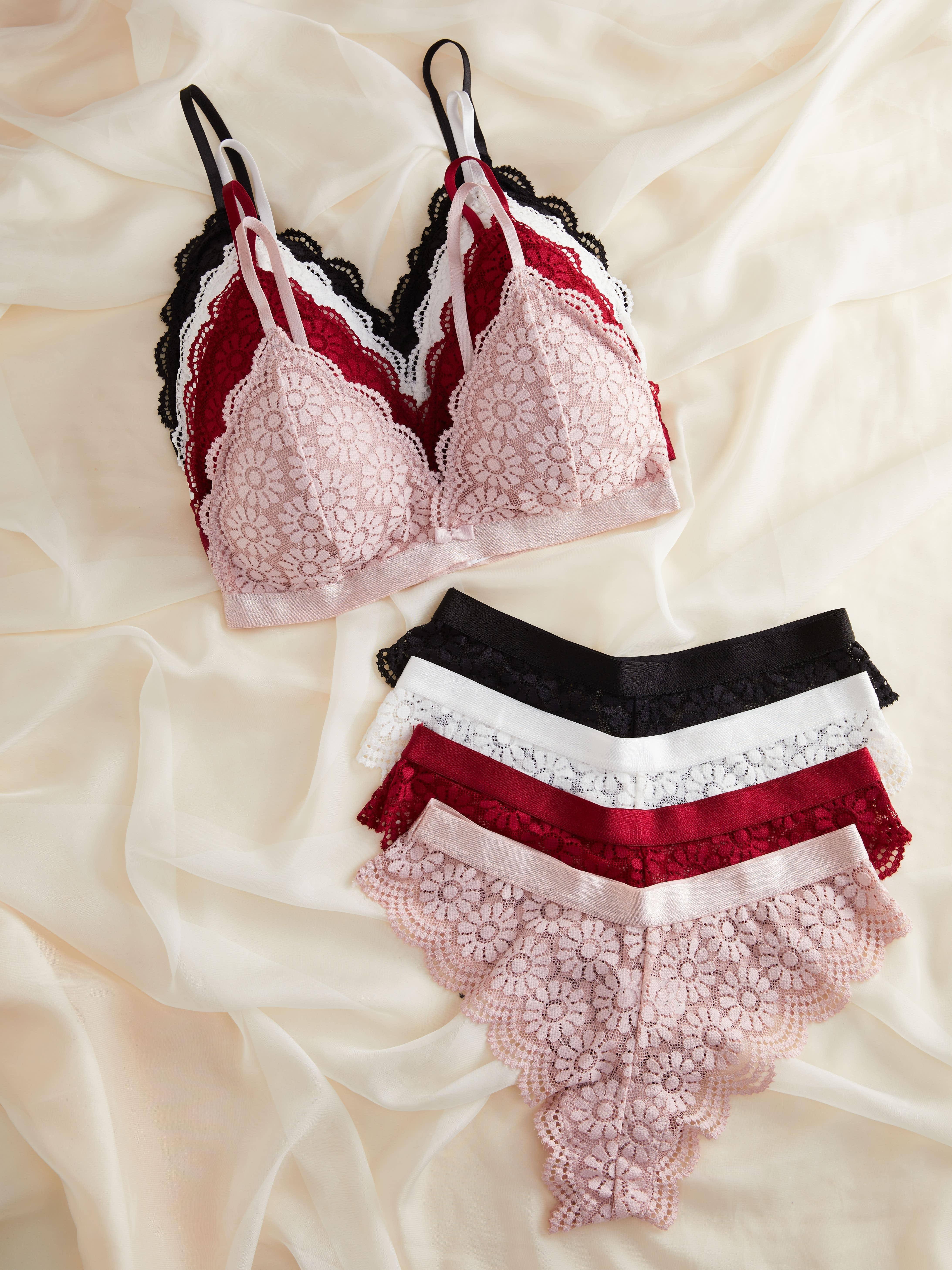 3 Sets Contrast Lace Bra & Panties, Wireless Bra & Letter Tape Panties  Lingerie Set, Women's Lingerie & Underwear