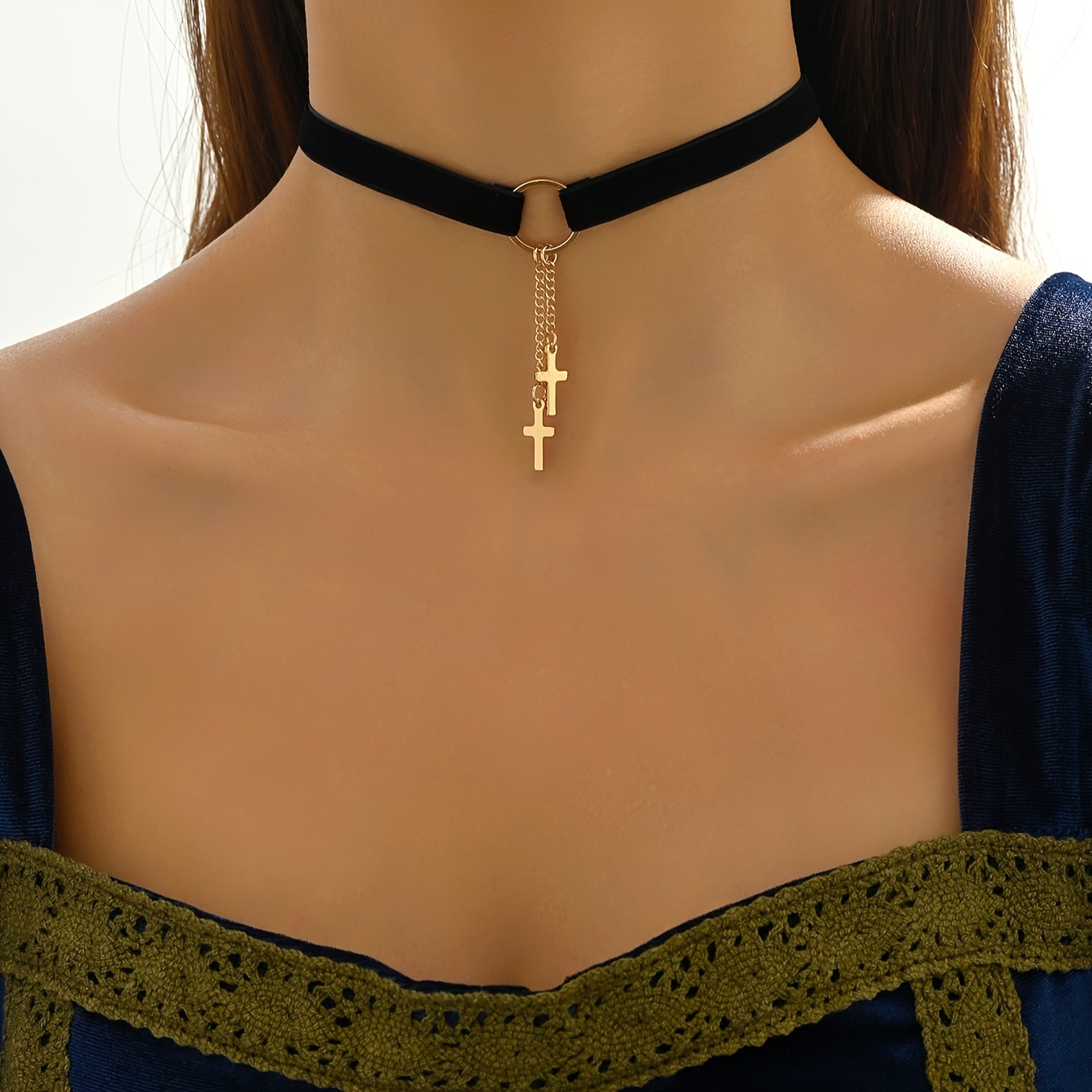 1pc Vintage Elegant Circle Tassel Cross Patch Short Necklace Collar Choker Necklace Jewelry For Women