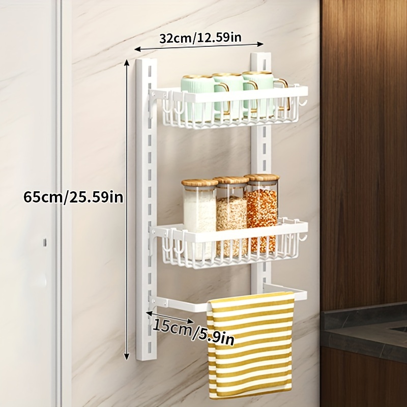 1pc Kitchen Organizer Rack, Multi-layer Hanging Spice Basket, Cupboard/cabinet  Storage Shelf With Hooks For Dorm Room, White