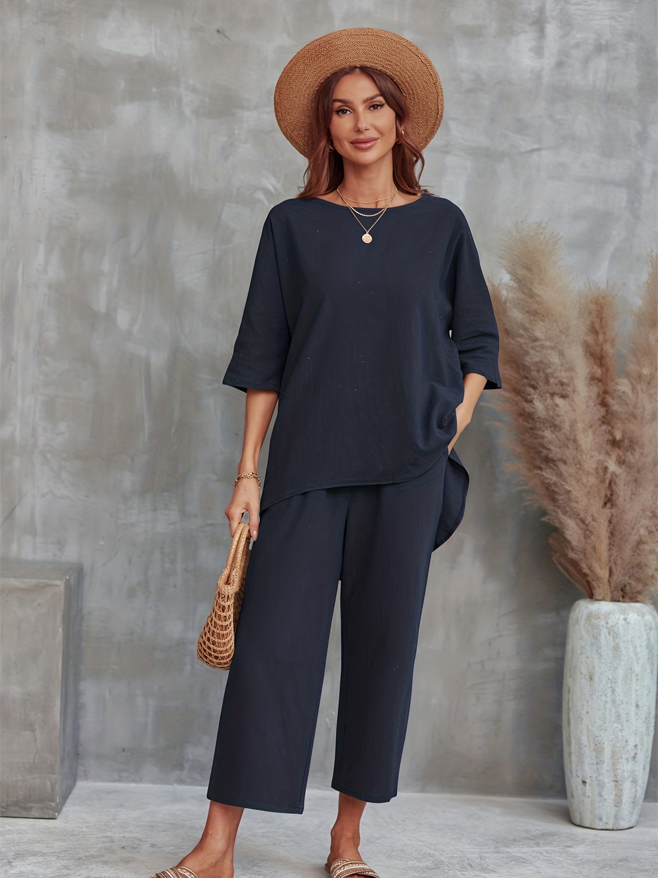 Casual 2pc Set Crew Neck Tee & Wide Leg Pants Women's Clothing