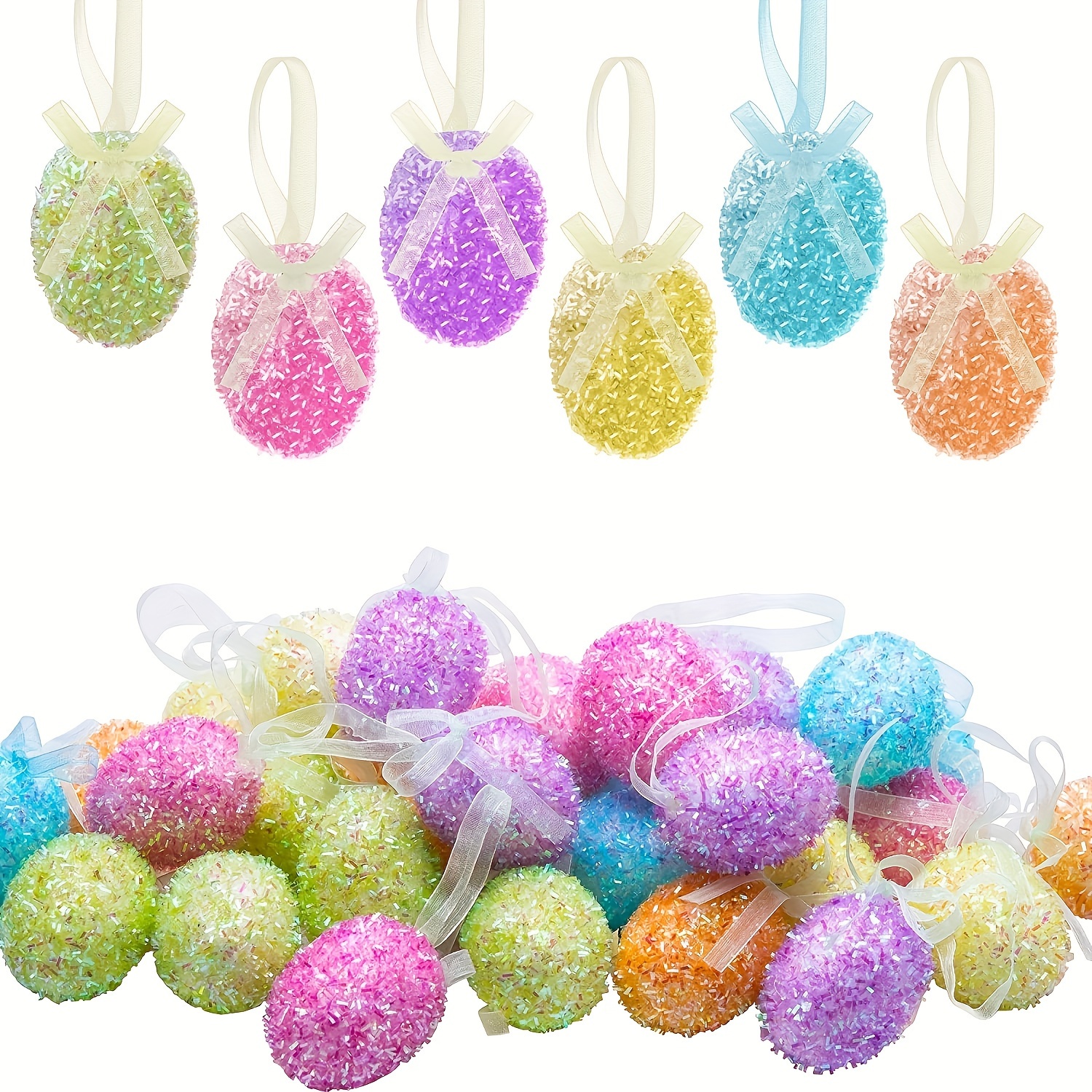 

12- Style Easter Glitter Hanging Eggs - Tinsel Foam Ornaments For Easter Tree, Home Party, Diy Crafts, No Electricity Needed, Featherless, Plastic Material