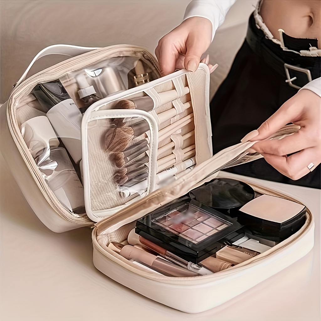 

1pc Travel Makeup Bag - Pu Leather Double Layer Make Up Bag Clear Cosmetic Bag With Zipper, Large Makeup Bags For Women Cosmetic Toiletry, Makeup Organizer Bag With Detachable Brush Holder