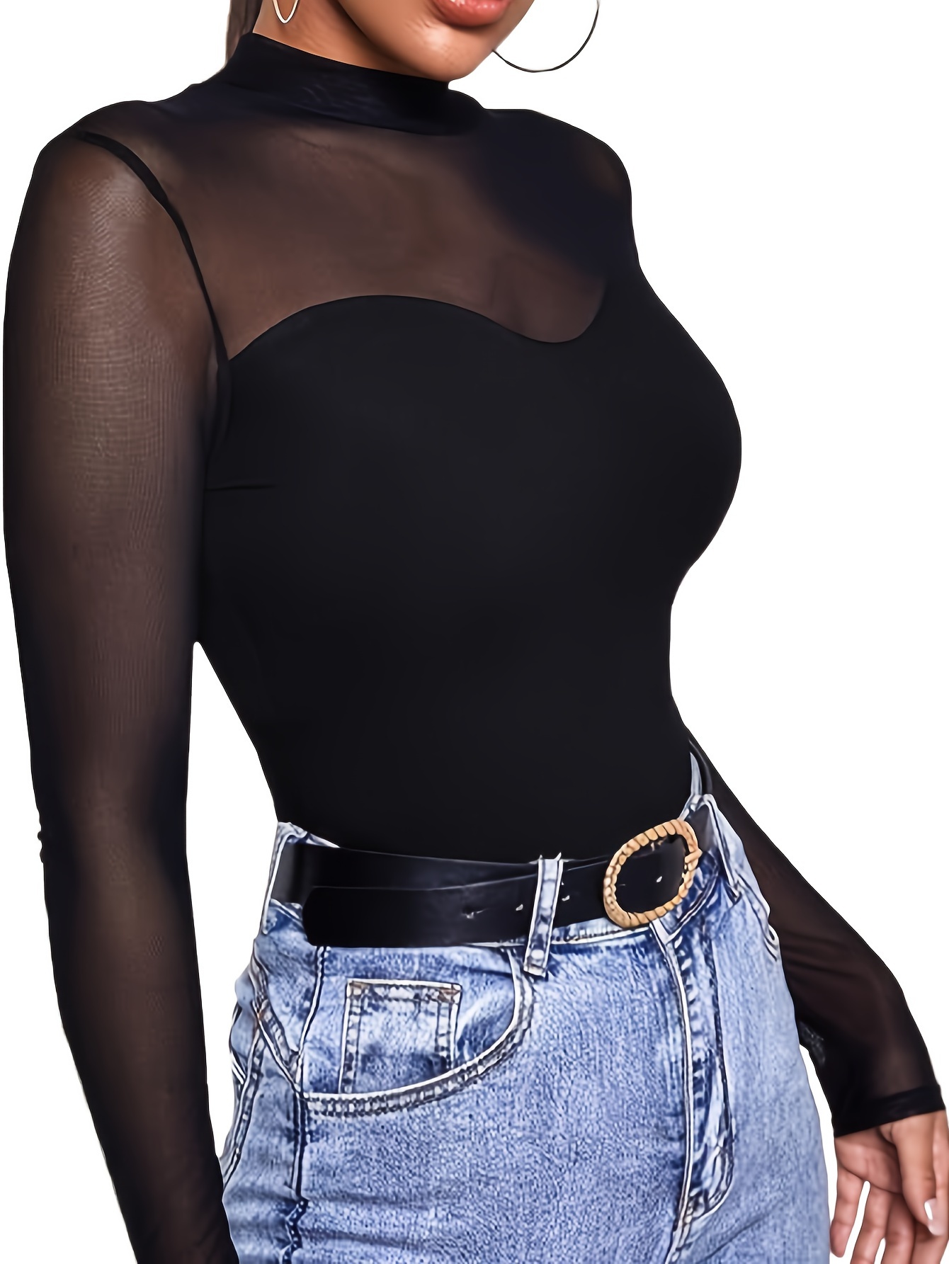 Mesh Panel Mock Neck T-Shirt, Casual Long Sleeve Top, Women's Clothing