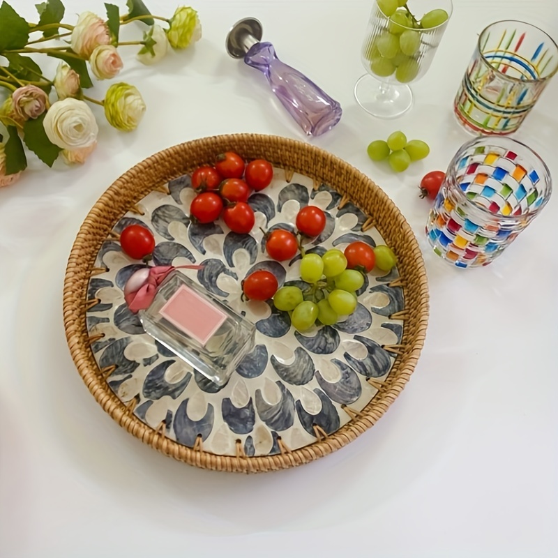 Rattan Tray with Mother of Pearl Inlay Wooden Base, Serving Basket for Breakfast Food, Round Tray As Coffee Table Decor, Mother of Pearl Decoration