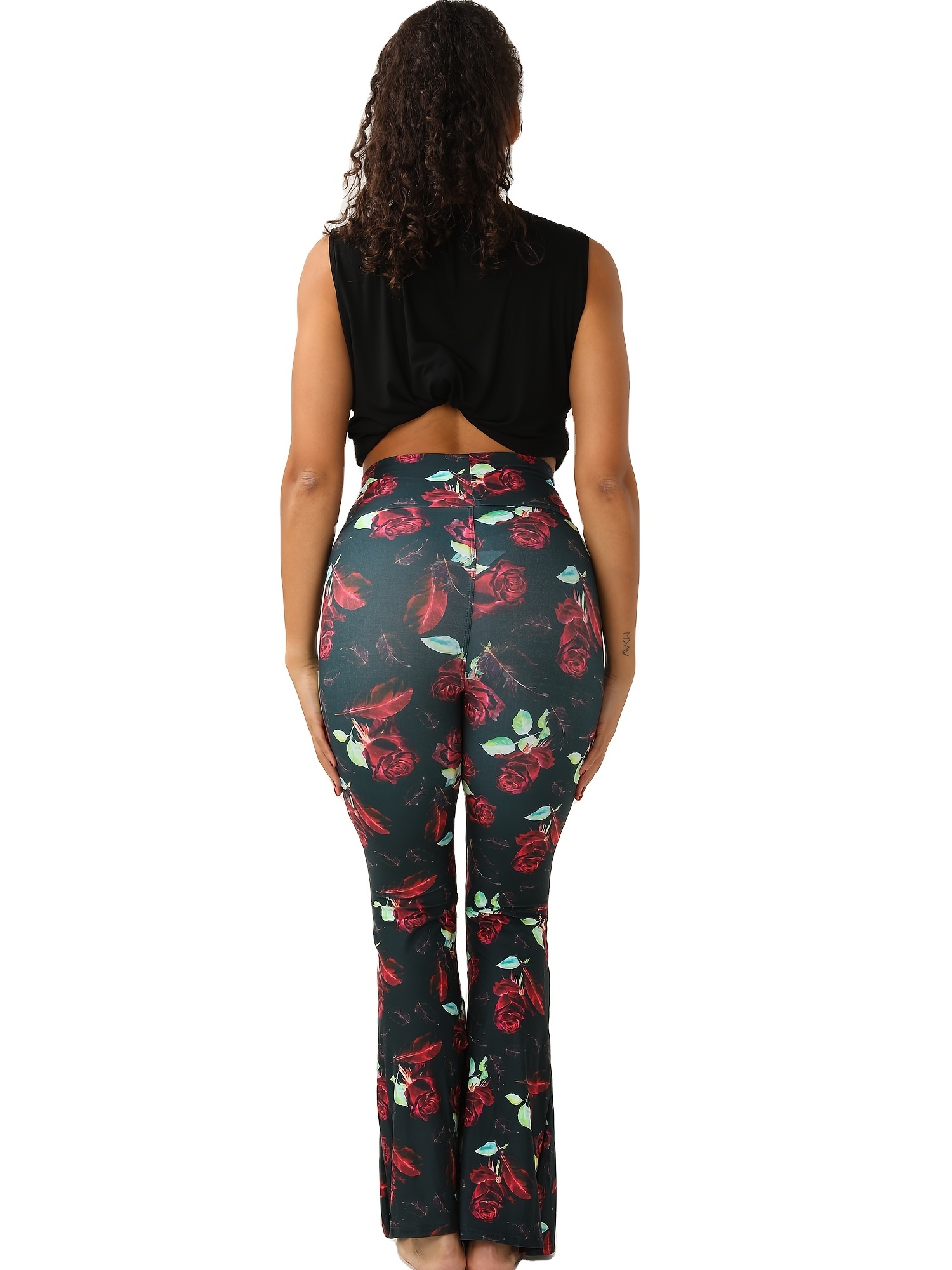 Boho Floral Bell Bottoms Print Flare Leggings, Casual Stretchy High Waist  Skinny-Fit Pants For All-season, Women's Clothing