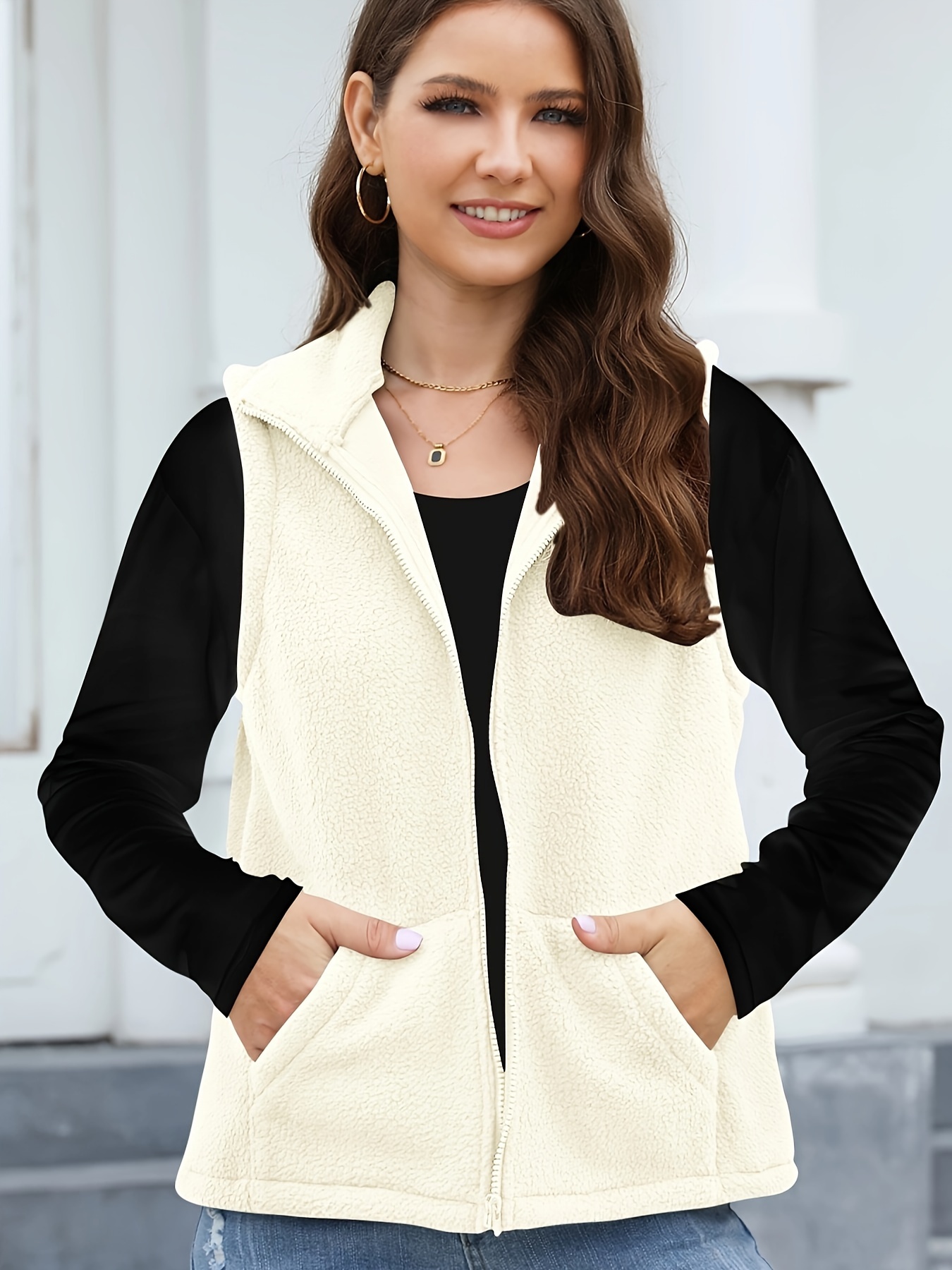 Label Fleece Warm Vest Jacket For Fall Winter Outdoor Sports, Solid Color  Casual Sports Warm Sleeveless Jacket, Women's Clothing