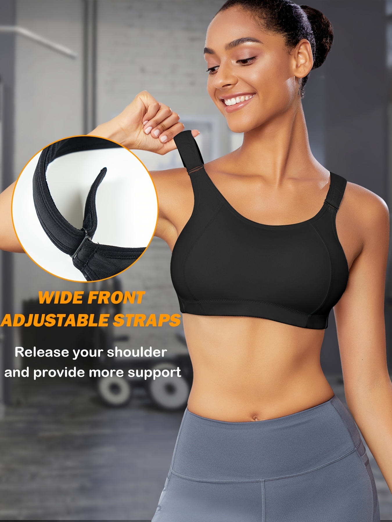 Adjustable Straps Compression Sports Bra Black Stretchy Yoga