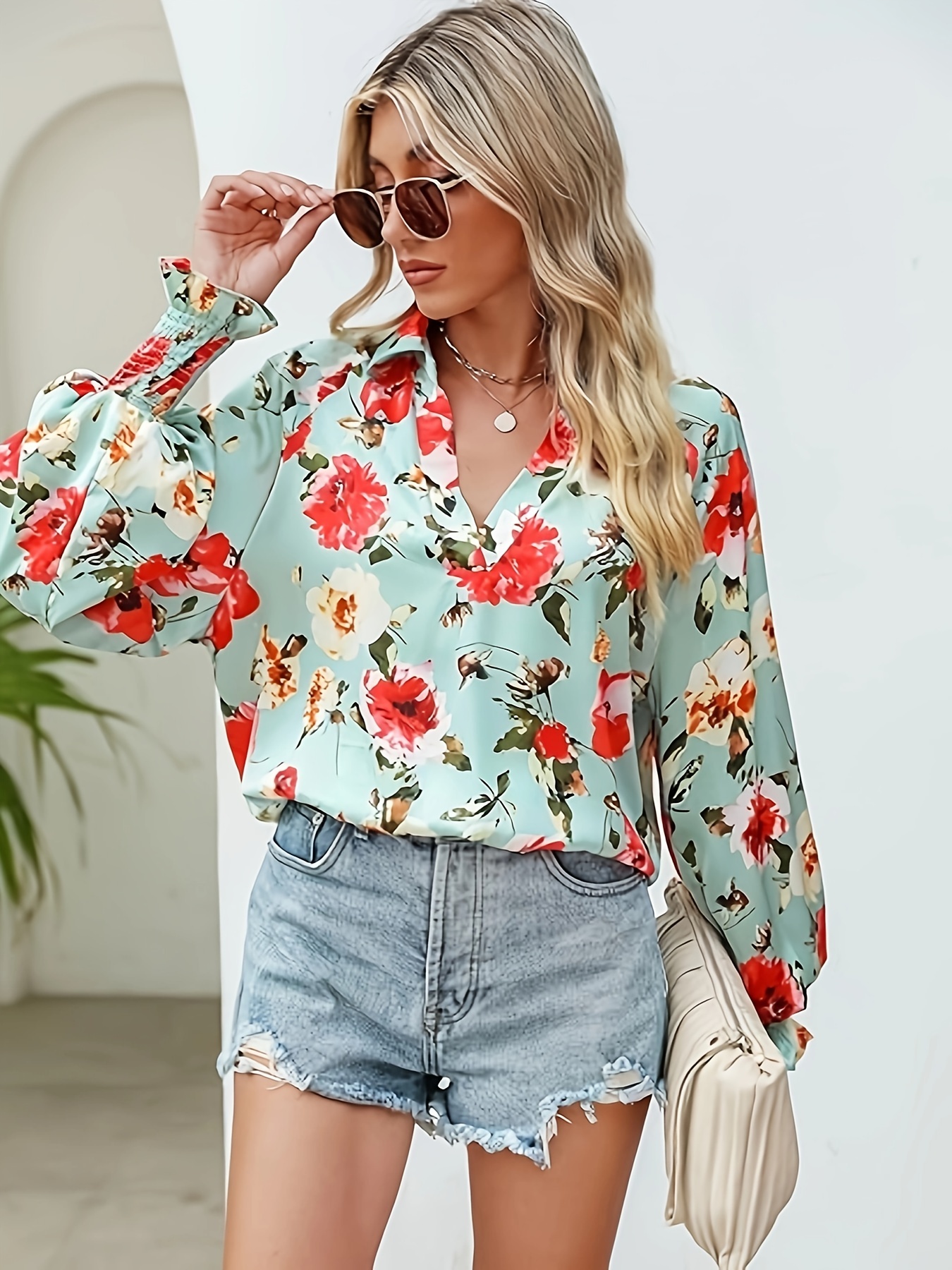 allover print notched collar blouse elegant long sleeve loose top for spring fall womens clothing