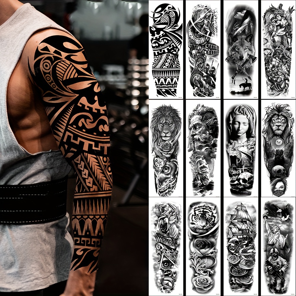 Manga de tatuaje temporal de leopardo de león para hombres y mujeres,  tamaño grande, de brazo completo, bosque de lobos, tribales, manga de  tatuajes