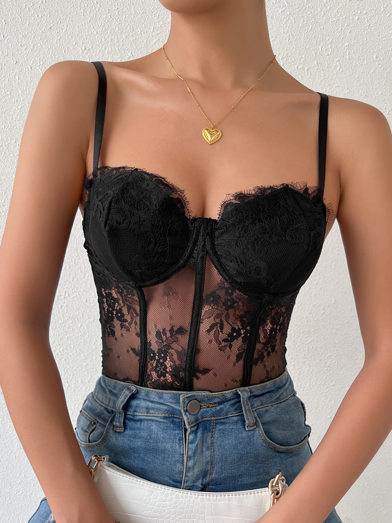 Floral Lace Mesh Cami Crop Top, Retro Style See Through Hook & Loop Bustier  Cami Top, Women's Clothing