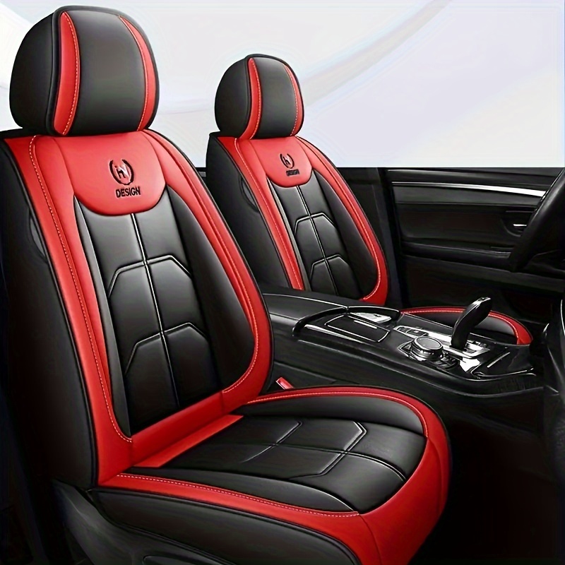 Universal Pu Leder Autositzbezug Kissen vorne schwarz mit roten Nähten  Sitzbezug Leder Autositzbezug Autokissen