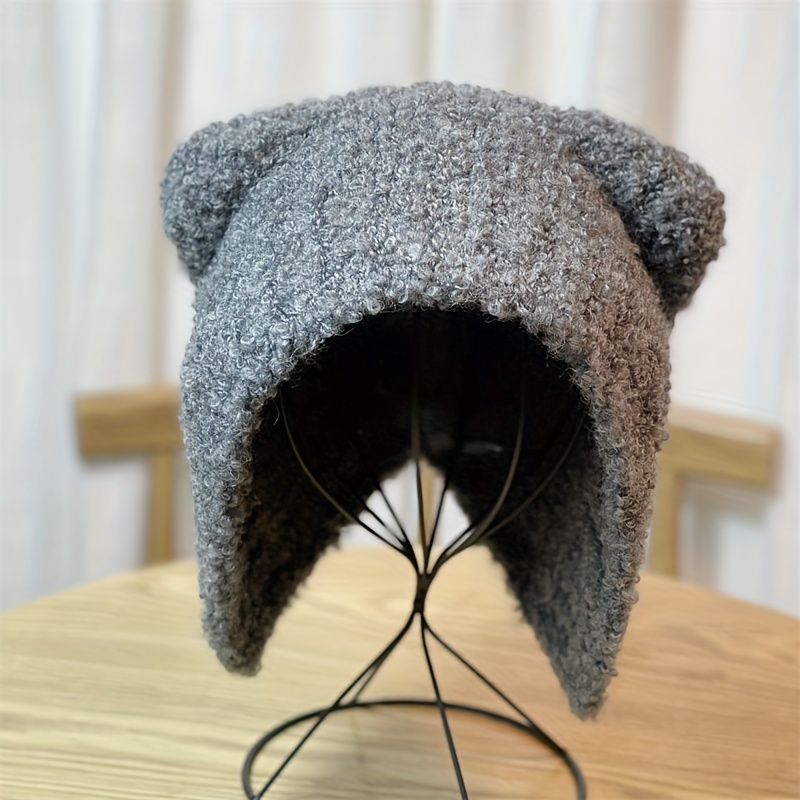 1pc Y2K Bear Ear Trendy Thick Knitted Beanie Hat, Docker Hat with Ear Protection, Cute Kawaii Korean Thermal Windproof Crochet Hat, Fall Winter