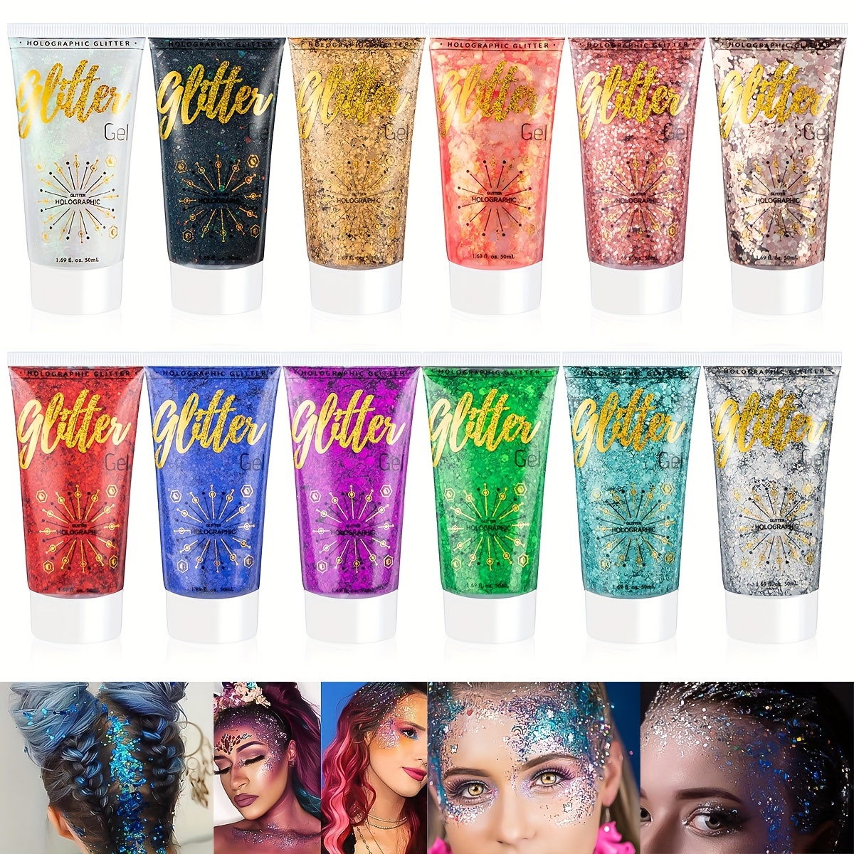 Body Glitter,Mermaid Face Glitter Gel,Sequins Glitter Face Paint,Chunky  Glitter for Eye Lip Hair,Sparkling Holographic Gel for Women,50ml