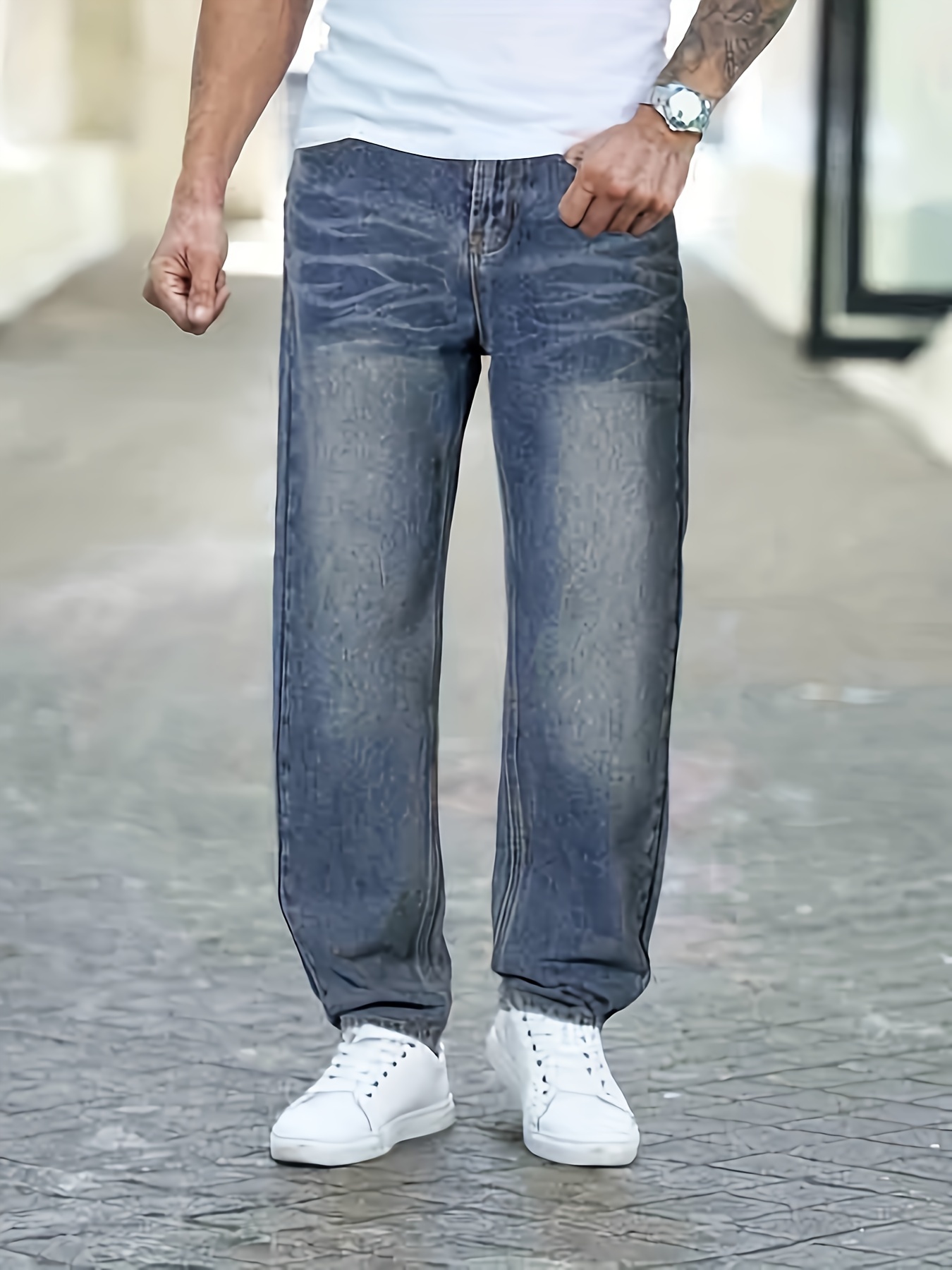 Men's Straight Leg Jeans Casual Street Style Distressed - Temu