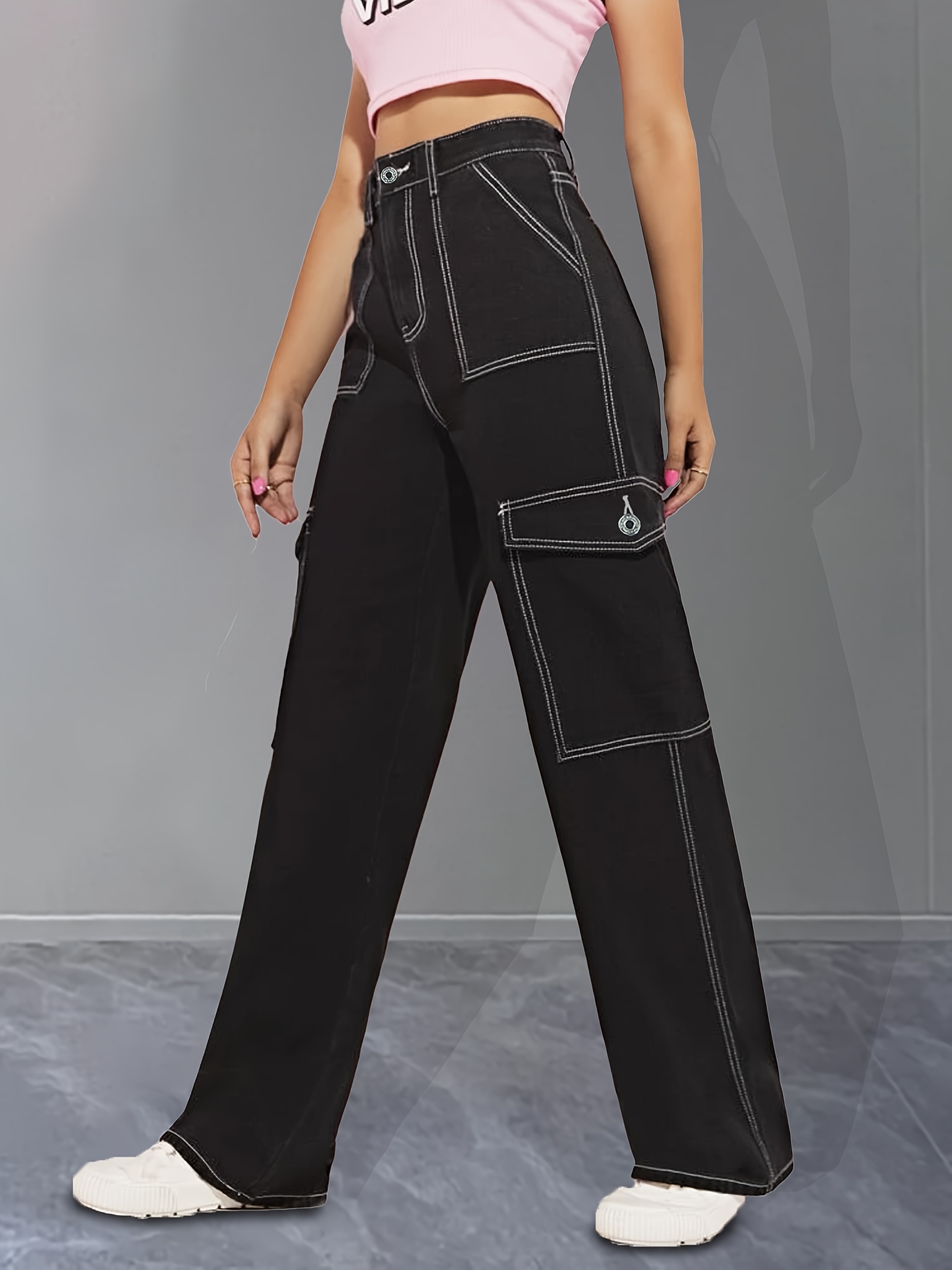 Black Flap Pocket Cargo Pants Non stretch Y2k Kpop Style - Temu