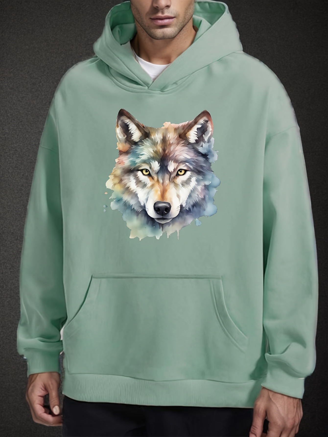 Wolf print kangaroo 2025 pocket casual hoodie